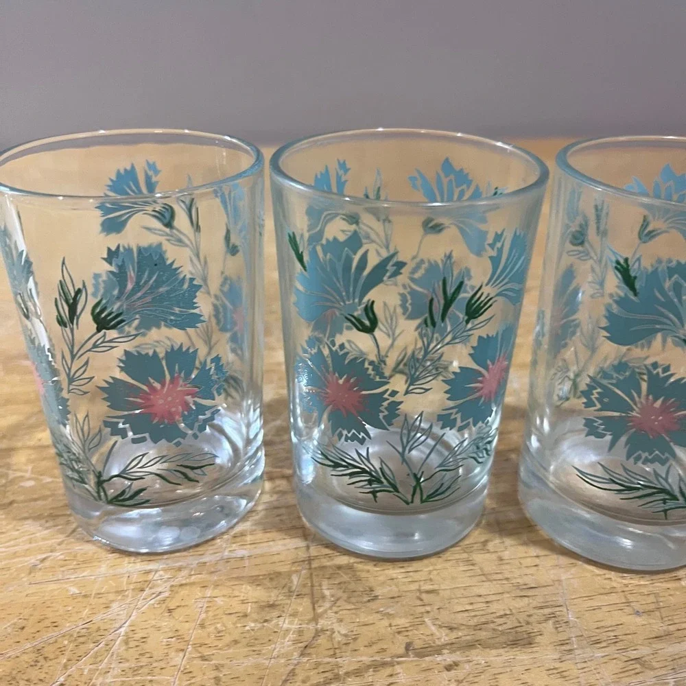 Vtg Taylor Smith & Taylor Ever Yours Teal Floral Juice Glasses MCM Set of 4